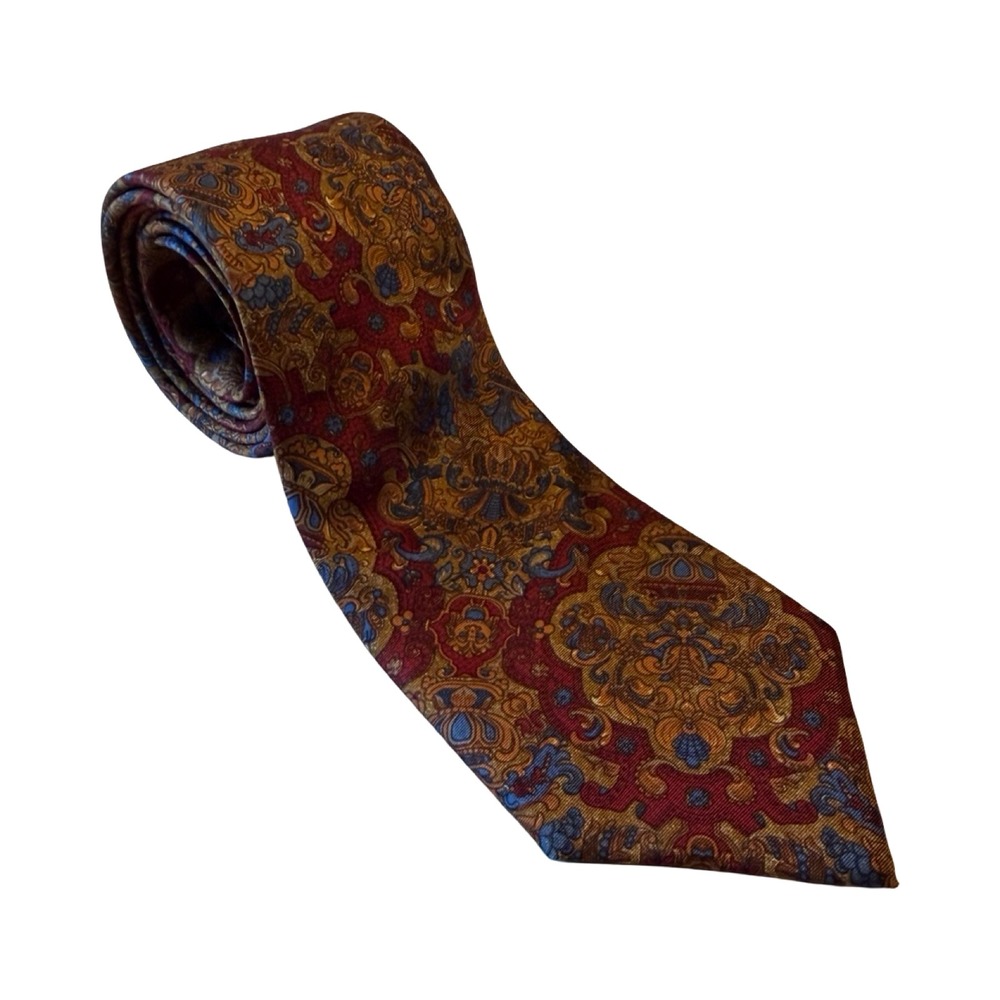 Christian Dior Monsieur Silk Tie Burgundy Gold Baroque Paisley Vtg Made in USA‎